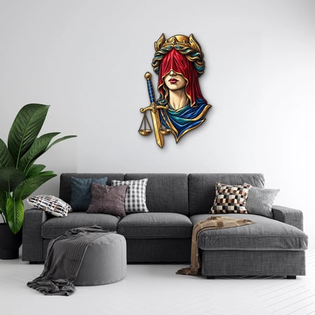 Mavi Pelerinli Adalet Tanrıçası Metal Tablo 61x95 cm