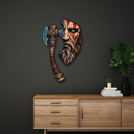 Viking ve Rünlü Balta Metal Tablo 58x95 cm