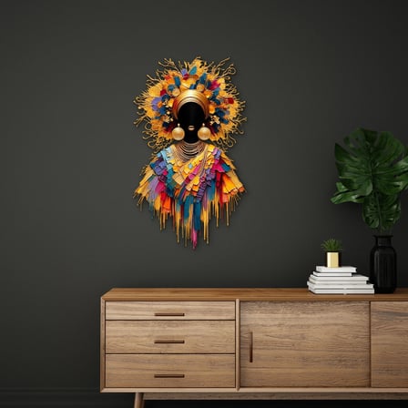 Altın Haleli Afrika Kraliçesi Metal Tablo 56x95 cm
