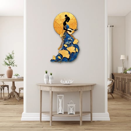 Ginkgo Yapraklı Müzisyen Kadın Metal Tablo 46x80 cm