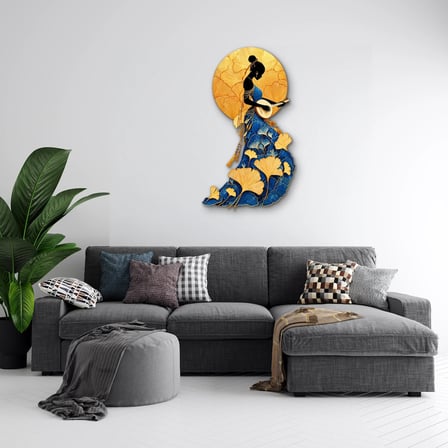 Ginkgo Yapraklı Müzisyen Kadın Metal Tablo 46x80 cm