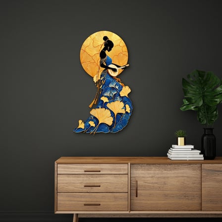 Ginkgo Yapraklı Müzisyen Kadın Metal Tablo 46x80 cm