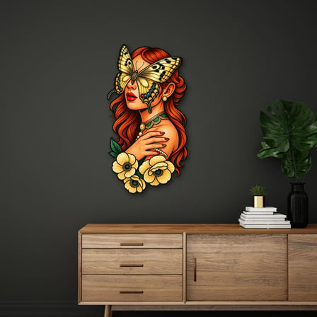 Kelebekli Kızıl Saçlı Kadın Metal Tablo 35x65 cm