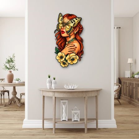 Kelebekli Kızıl Saçlı Kadın Metal Tablo 51x95 cm