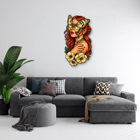 Kelebekli Kızıl Saçlı Kadın Metal Tablo 51x95 cm