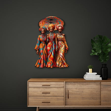 Şemsiye Altında Üç Afrikalı Kadın Metal Tablo 33x50 cm