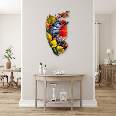 Sonbahar Yapraklarında Kızılgerdan Metal Tablo 35x65 cm