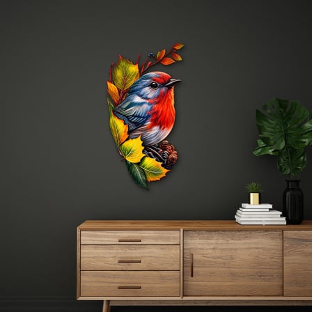 Sonbahar Yapraklarında Kızılgerdan Metal Tablo 51x95 cm