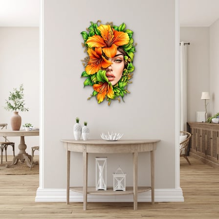 Turuncu Zambaklı Kadın Portresi Metal Tablo 43x65 cm