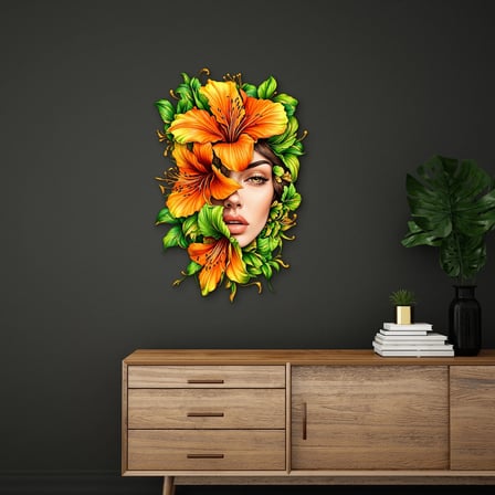 Turuncu Zambaklı Kadın Portresi Metal Tablo 43x65 cm