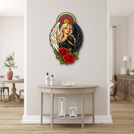 Siyah ve Beyaz Kanatlı Vitray Melek Metal Tablo 61x95 cm