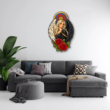 Siyah ve Beyaz Kanatlı Vitray Melek Metal Tablo 61x95 cm