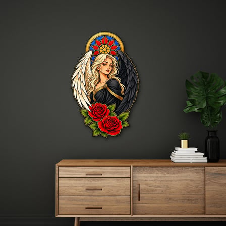 Siyah ve Beyaz Kanatlı Vitray Melek Metal Tablo 61x95 cm
