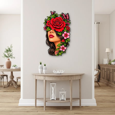 Güller ve Kelebeklerle Kadın Portresi Metal Tablo 30x50 cm