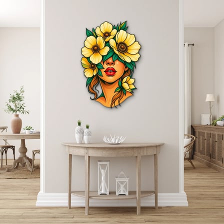 Sarı Çiçeklerle Örtülü Kadın Portresi Metal Tablo 45x65 cm