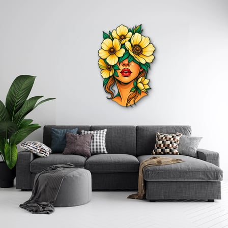 Sarı Çiçeklerle Örtülü Kadın Portresi Metal Tablo 45x65 cm