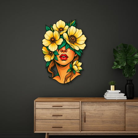 Sarı Çiçeklerle Örtülü Kadın Portresi Metal Tablo 45x65 cm