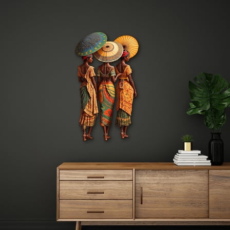 Renkli Şemsiyeli Üç Kadın Metal Tablo 29x50 cm