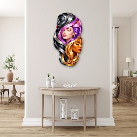 Metalik Kurdeleli Üç Kadın Portresi Metal Tablo 36x65 cm
