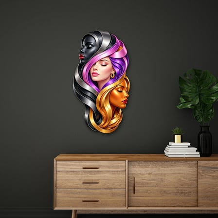 Metalik Kurdeleli Üç Kadın Portresi Metal Tablo 36x65 cm
