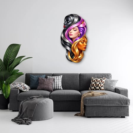 Metalik Kurdeleli Üç Kadın Portresi Metal Tablo 53x95 cm