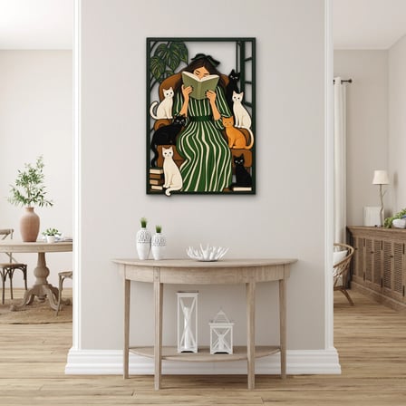 Kediler Arasında Kitap Okuyan Kadın Metal Tablo 45x65 cm