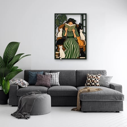 Kediler Arasında Kitap Okuyan Kadın Metal Tablo 45x65 cm