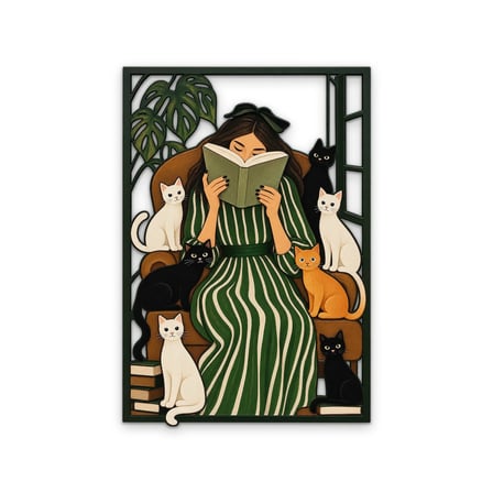 Kediler Arasında Kitap Okuyan Kadın Metal Tablo 86x125 cm