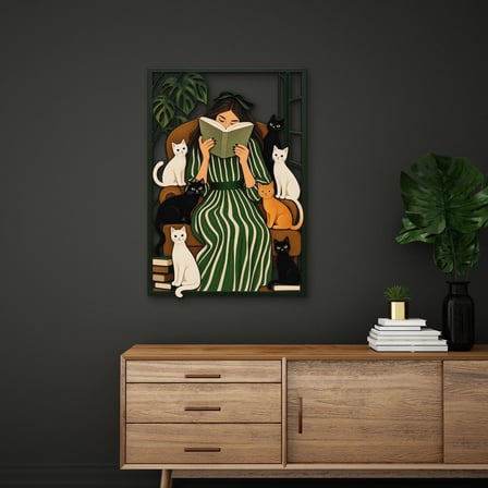 Kediler Arasında Kitap Okuyan Kadın Metal Tablo 86x125 cm
