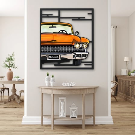 Turuncu Klasik Amerikan Otomobili Metal Tablo 84x95 cm