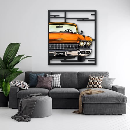 Turuncu Klasik Amerikan Otomobili Metal Tablo 84x95 cm