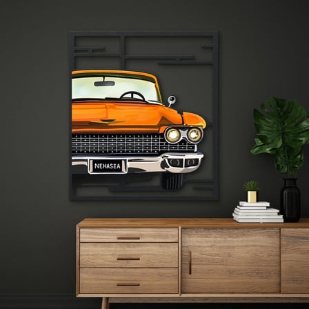 Turuncu Klasik Amerikan Otomobili Metal Tablo 84x95 cm