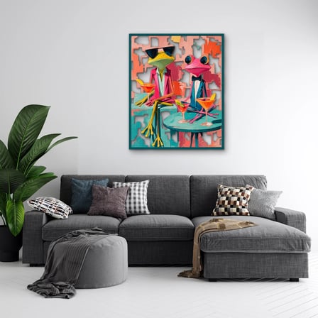 Kokteyl İçen Kurbağalar Metal Tablo 78x95 cm