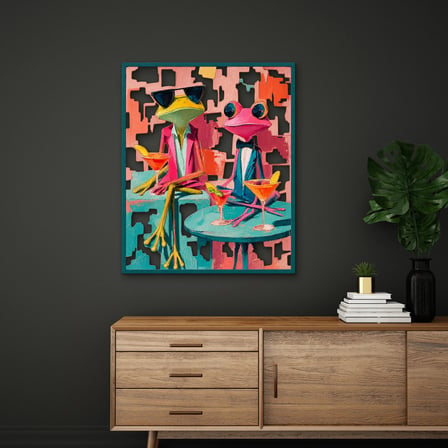 Kokteyl İçen Kurbağalar Metal Tablo 78x95 cm