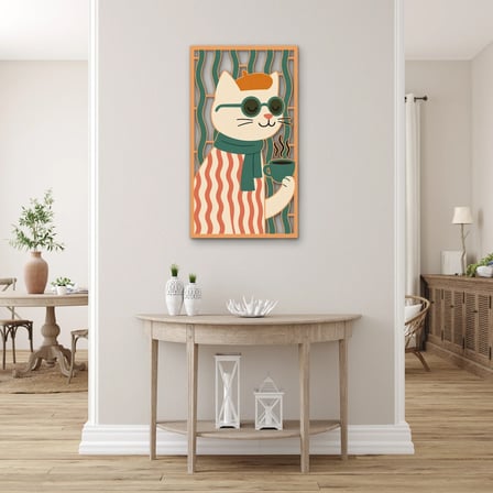 Gözlüklü Kahveci Kedi Metal Tablo 36x65 cm