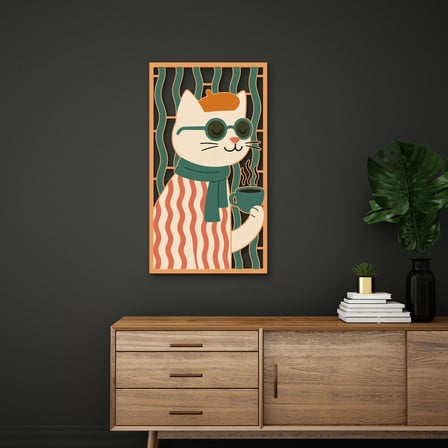 Gözlüklü Kahveci Kedi Metal Tablo 36x65 cm
