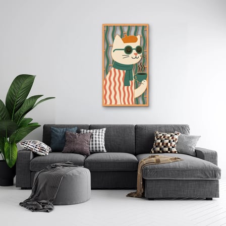 Gözlüklü Kahveci Kedi Metal Tablo 53x95 cm