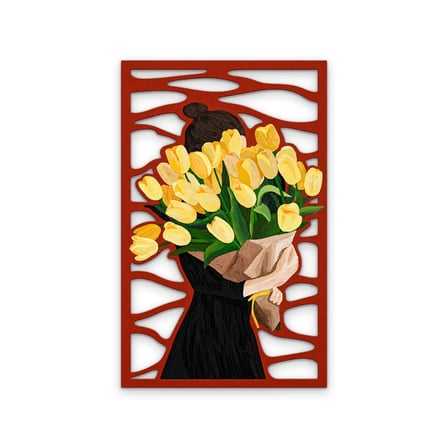 Kırmızı Panelde Sarı Lale Buketi Metal Tablo 50x80 cm