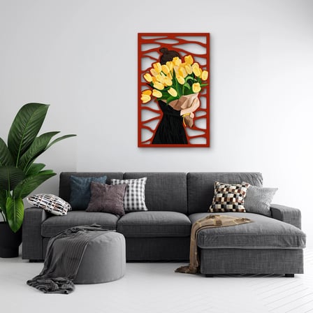 Kırmızı Panelde Sarı Lale Buketi Metal Tablo 50x80 cm