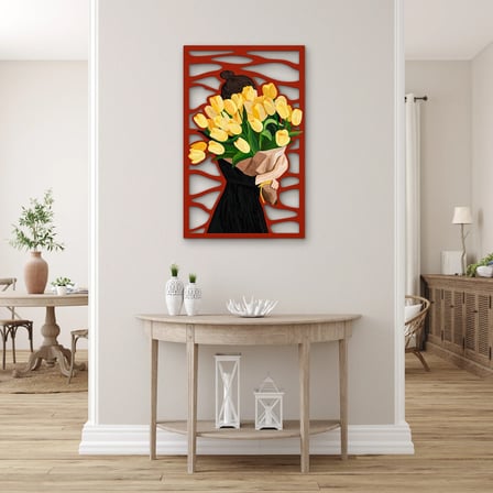 Kırmızı Panelde Sarı Lale Buketi Metal Tablo 60x95 cm
