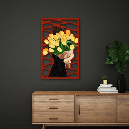 Kırmızı Panelde Sarı Lale Buketi Metal Tablo 79x125 cm