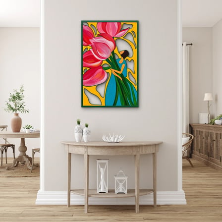 Pembe Laleler ve Kadın Metal Tablo 43x65 cm