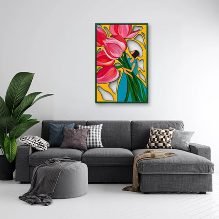 Pembe Laleler ve Kadın Metal Tablo 43x65 cm