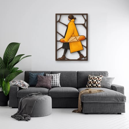 Baget Ekmekli Sarı Paltolu Kadın Metal Tablo 86x125 cm