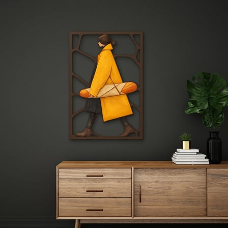 Baget Ekmekli Sarı Paltolu Kadın Metal Tablo 86x125 cm