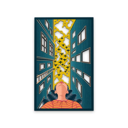 Gökyüzüne Bakan Kadın ve Şehir Metal Tablo 80x125 cm