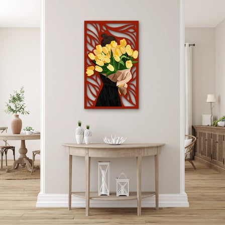 Sarı Lale Buketi Taşıyan Kadın Metal Tablo 49x80 cm