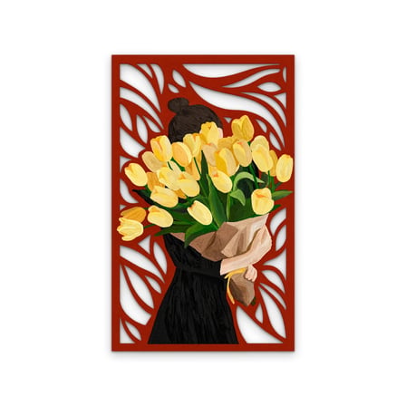 Sarı Lale Buketi Taşıyan Kadın Metal Tablo 59x95 cm
