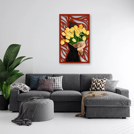 Sarı Lale Buketi Taşıyan Kadın Metal Tablo 59x95 cm