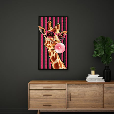 Pembe Çizgili Balon Sakızlı Zürafa Metal Tablo 36x65 cm
